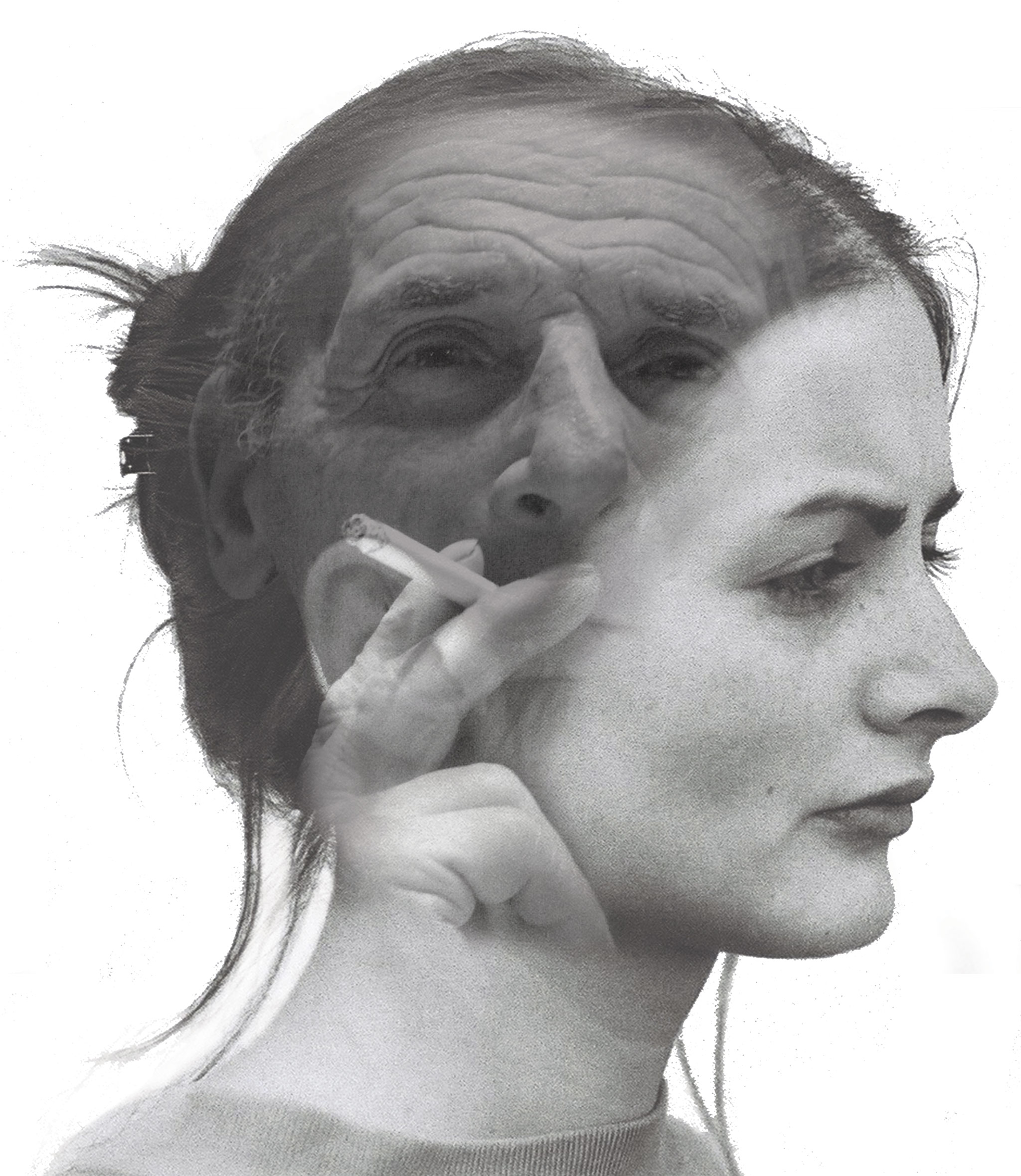 Double exposure image of a woman and a man smoking